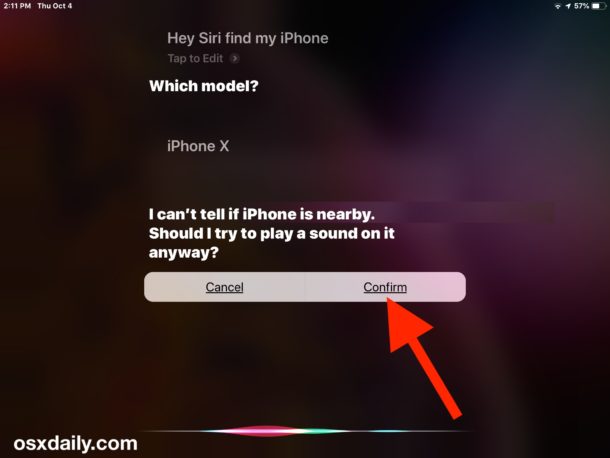 Confirm that you want to find the lost iPhone by playing a sound