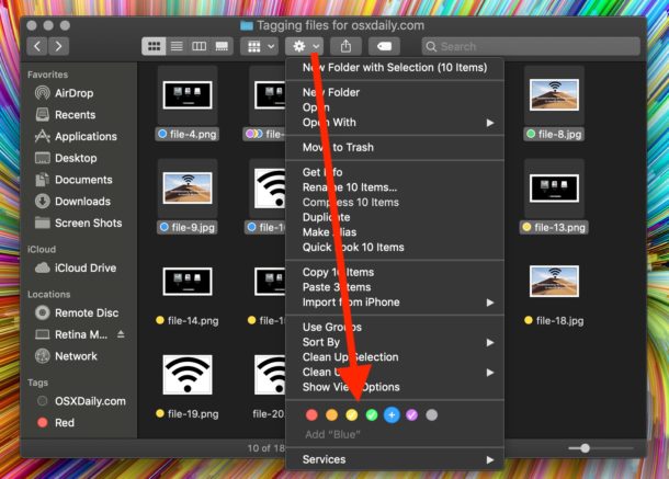 How to tag files or folders on Mac from Gear menu in Finder